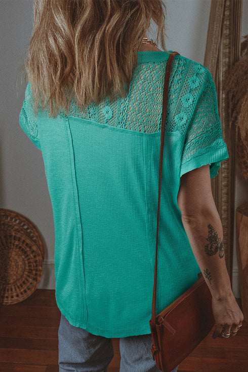 Textured Split Neck Short Sleeve Lace Patchwork Blouse