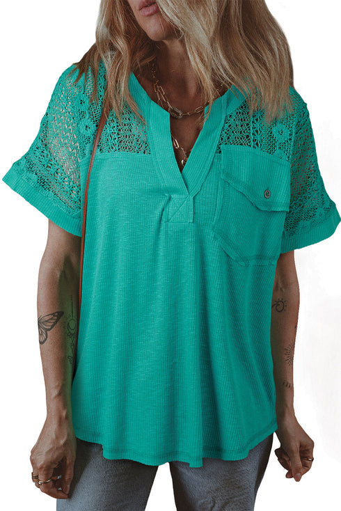 Textured Split Neck Short Sleeve Lace Patchwork Blouse