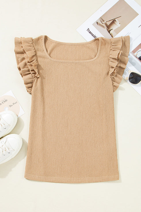 Textured Square Neck Layered Ruffle Sleeve Top