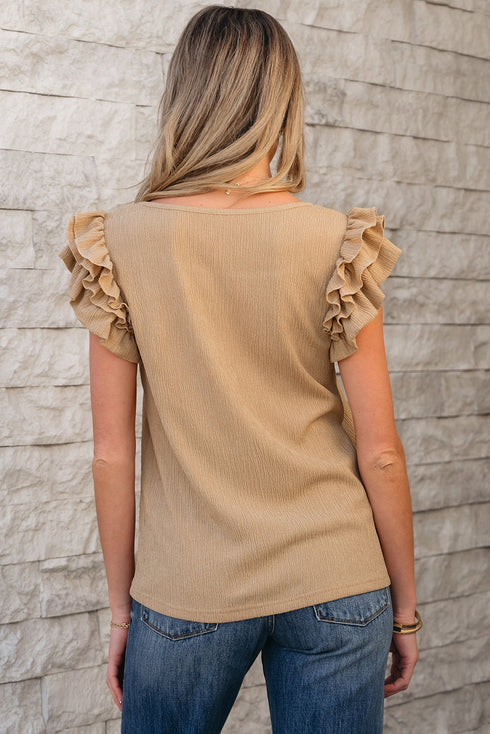 Textured Square Neck Layered Ruffle Sleeve Top