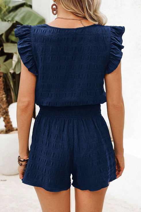 Textured Square Neck Ruffle Sleeve Shirred Waist Shorts Set