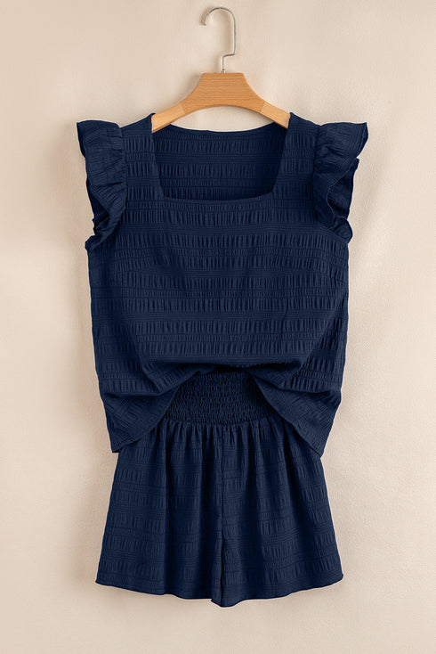 Textured Square Neck Ruffle Sleeve Smocked Short Set