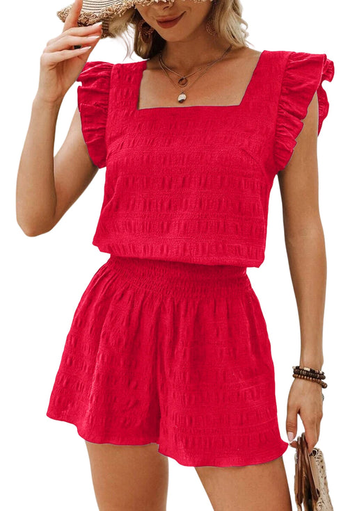 Textured Square Neck Ruffle Sleeve Smocked Short Set