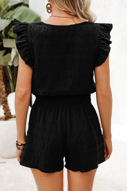 Textured Square Neck Ruffle Sleeve Smocked Short Set