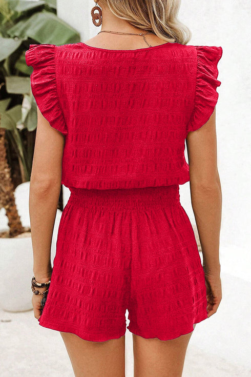 Textured Square Neck Ruffle Sleeve Smocked Short Set