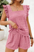 Textured Square Neck Ruffle Sleeve Smocked Short Set