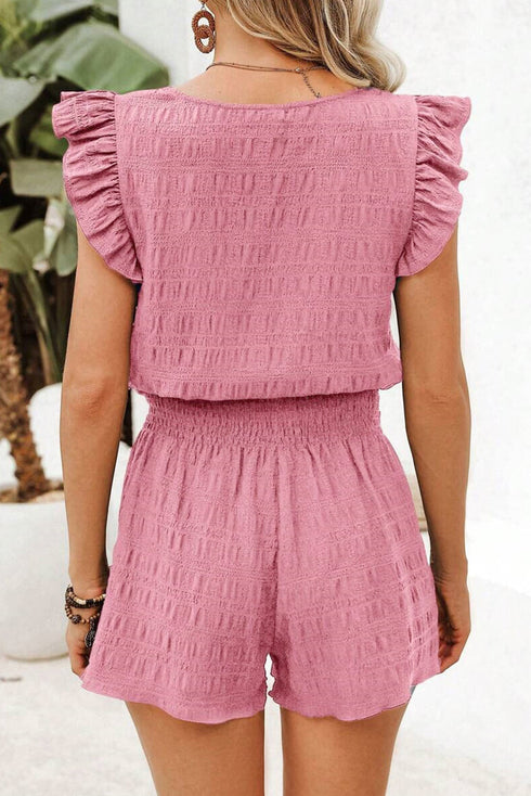 Textured Square Neck Ruffle Sleeve Smocked Short Set