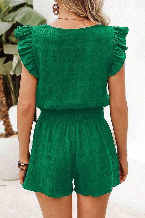 Textured Square Neck Ruffle Sleeve Smocked Short Set