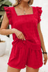 Textured Square Neck Ruffle Sleeve Smocked Short Set