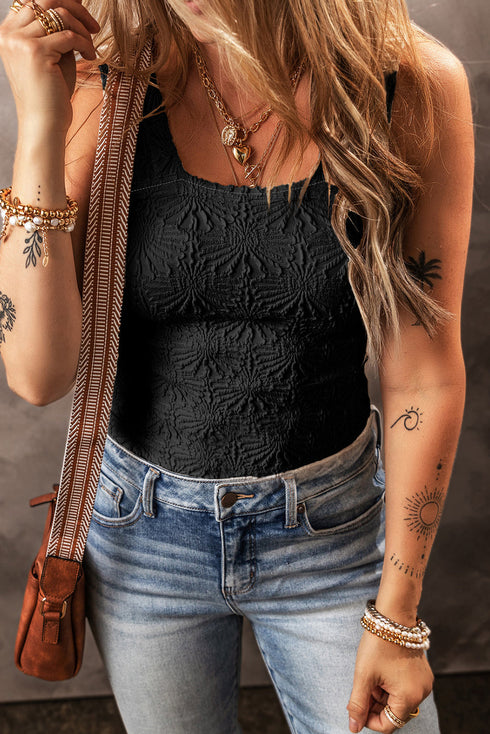 Textured Square Neck Sleeveless Fitted Tank Top
