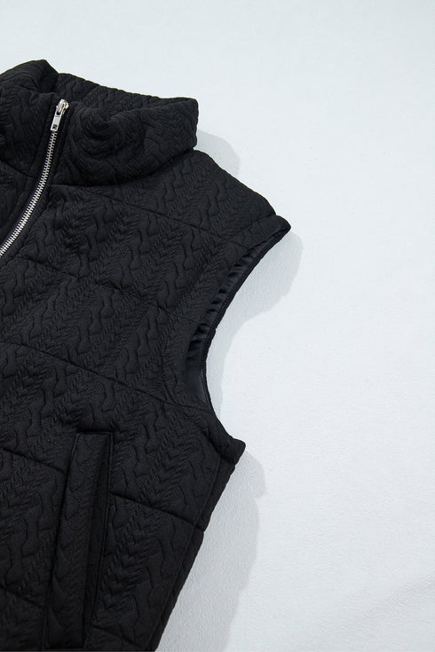 Textured Stand Neck Zip Up Padded Lined Quilted Vest