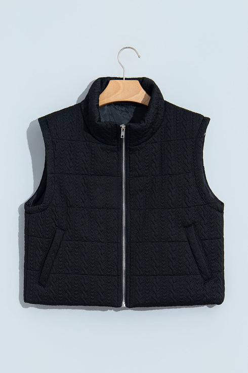 Textured Stand Neck Zip Up Padded Lined Quilted Vest