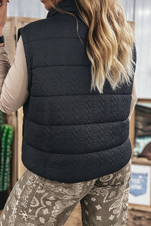 Textured Stand Neck Zip Up Padded Lined Quilted Vest