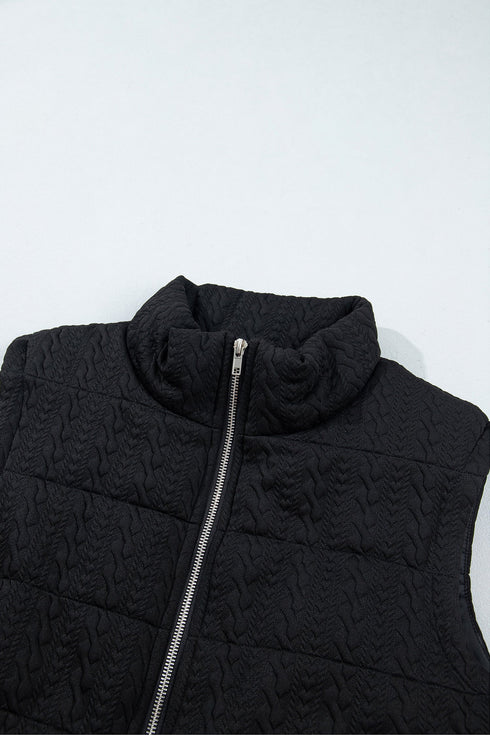Textured Stand Neck Zip Up Padded Lined Quilted Vest