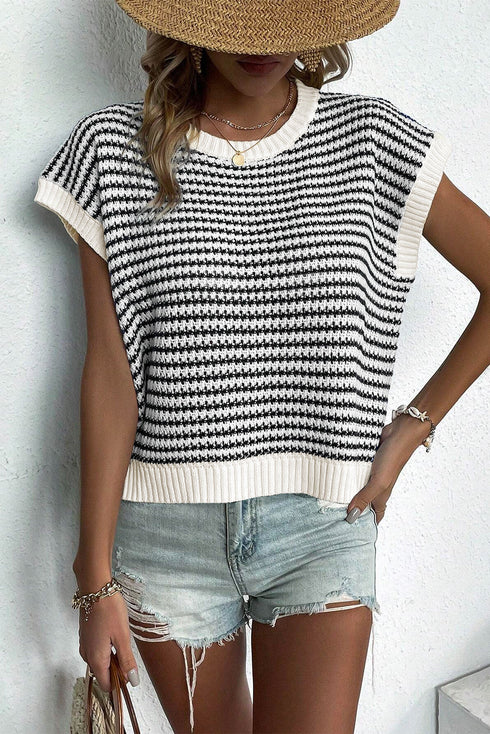 Textured Stitch Short Sleeve Striped Knit Sweater