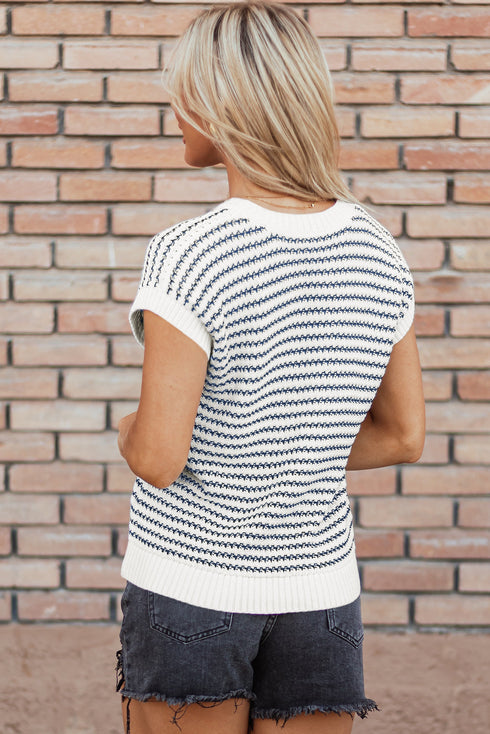 Textured Stitch Short Sleeve Striped Knit Sweater