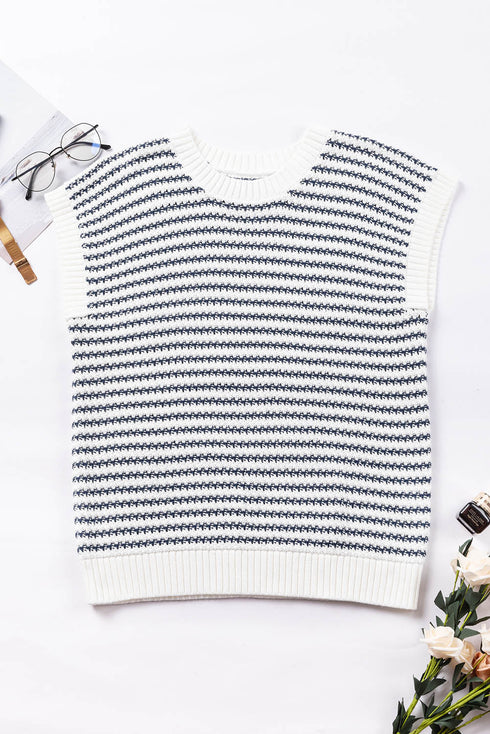 Textured Stitch Short Sleeve Striped Knit Sweater