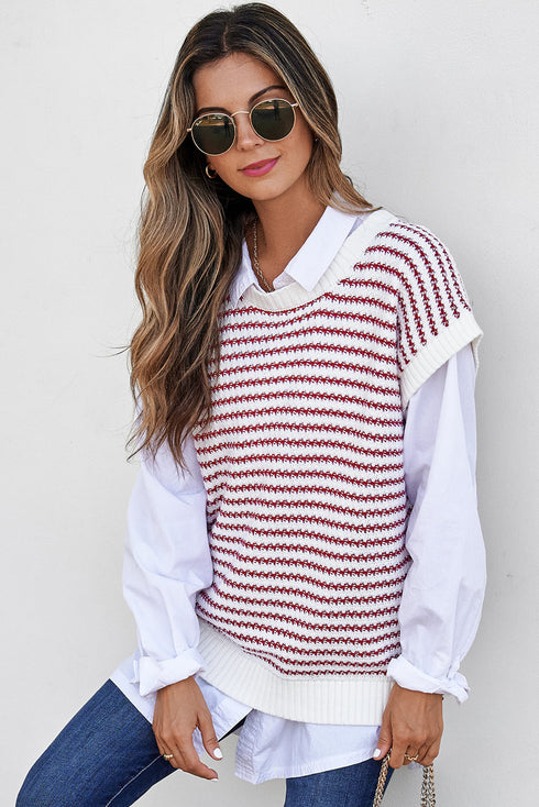 Textured Stitch Short Sleeve Striped Knit Sweater