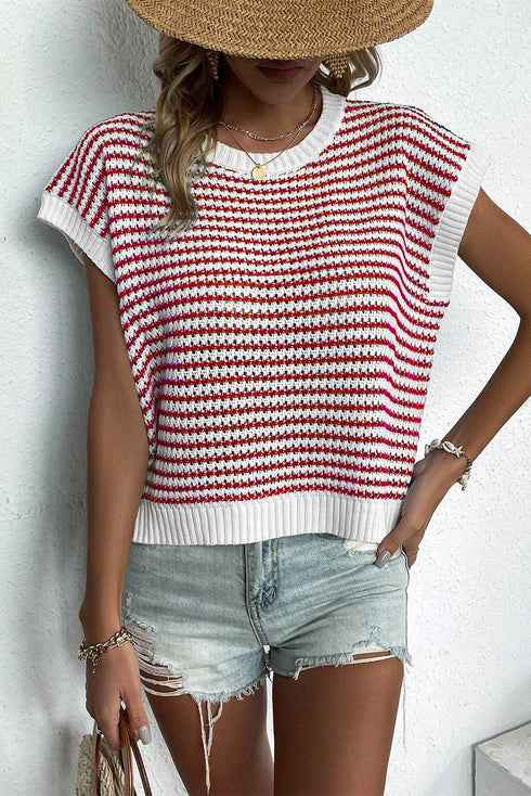 Textured Stitch Short Sleeve Striped Knit Sweater