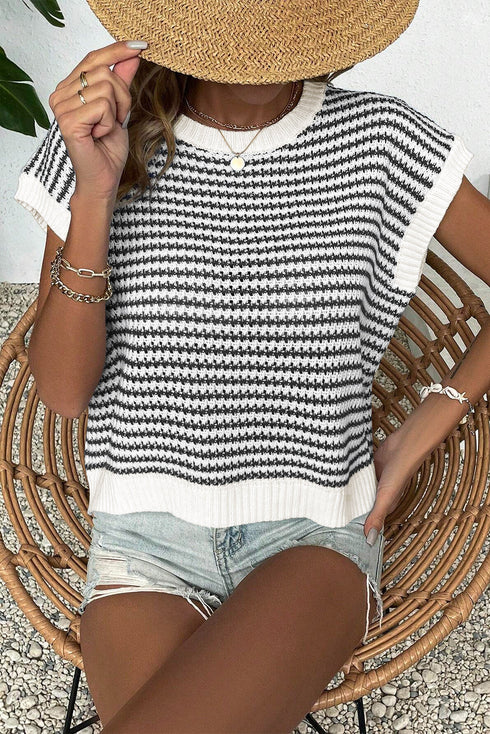 Textured Stitch Short Sleeve Striped Knit Sweater