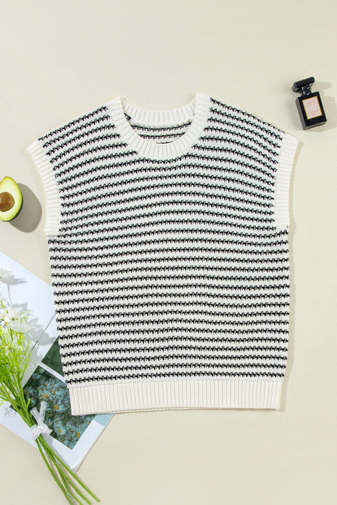 Textured Stitch Short Sleeve Striped Knit Sweater