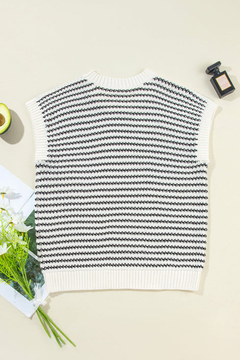 Textured Stitch Short Sleeve Striped Knit Sweater