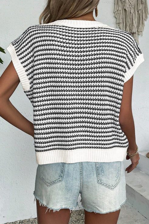 Textured Stitch Short Sleeve Striped Knit Sweater