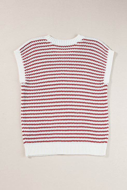 Textured Stitch Short Sleeve Striped Knit Sweater