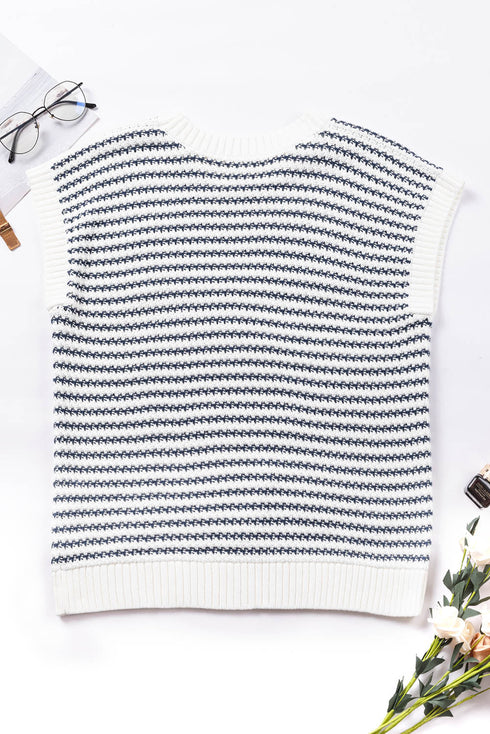 Textured Stitch Short Sleeve Striped Knit Sweater