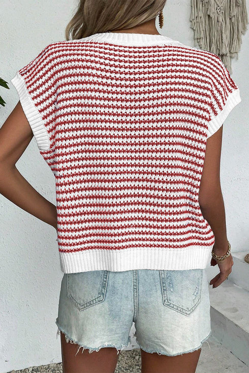 Textured Stitch Short Sleeve Striped Knit Sweater