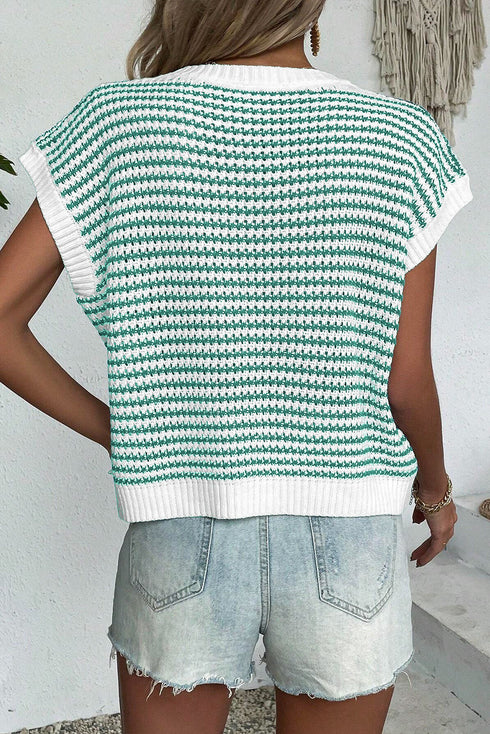Textured Stitch Short Sleeve Striped Knit Sweater