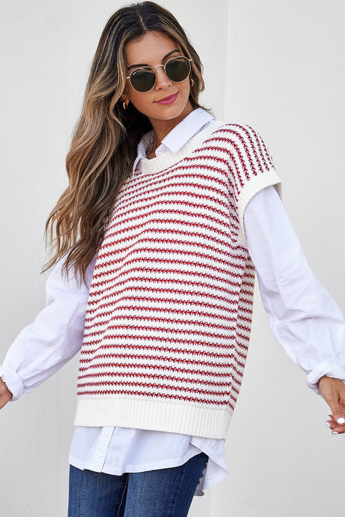 Textured Stitch Short Sleeve Striped Knit Sweater
