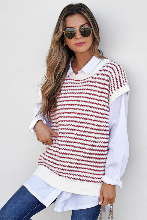 Textured Stitch Short Sleeve Striped Knit Sweater