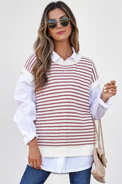 Textured Stitch Short Sleeve Striped Knit Sweater