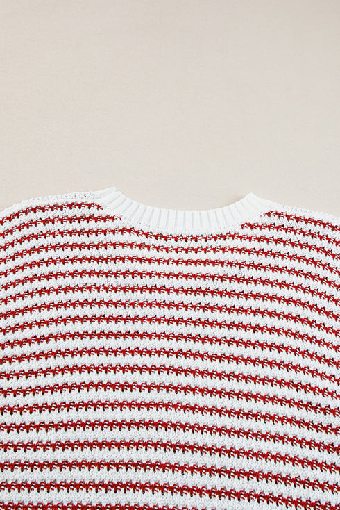Textured Stitch Short Sleeve Striped Knit Sweater
