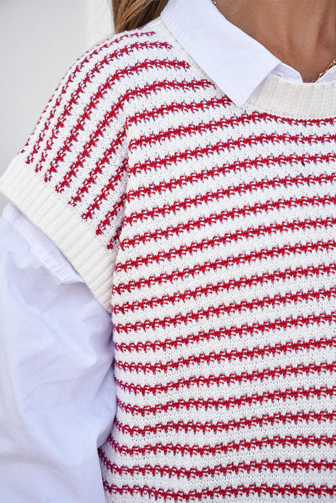Textured Stitch Short Sleeve Striped Knit Sweater
