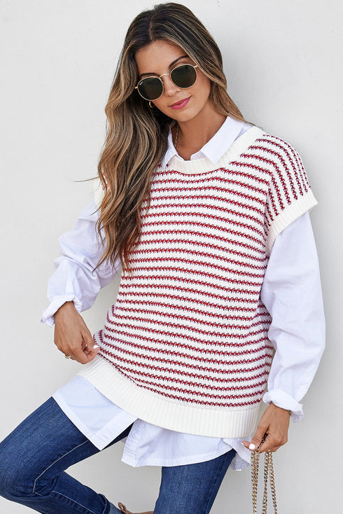 Textured Stitch Short Sleeve Striped Knit Sweater