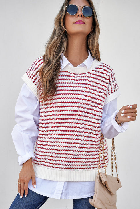 Textured Stitch Short Sleeve Striped Knit Sweater
