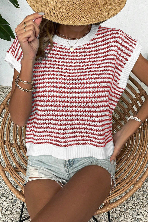 Textured Stitch Short Sleeve Striped Knit Sweater