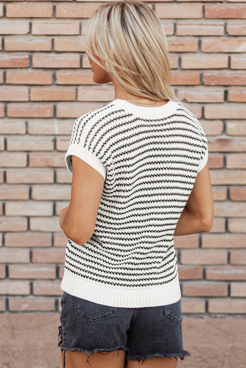 Textured Stitch Short Sleeve Striped Knit Sweater