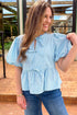 Textured Stripe Bow Front Puff Sleeve Babydoll Blouse