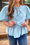 Textured Stripe Bow Front Puff Sleeve Babydoll Blouse