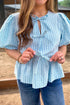 Textured Stripe Bow Front Puff Sleeve Babydoll Blouse