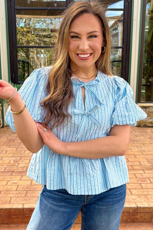 Textured Stripe Bow Front Puff Sleeve Babydoll Blouse