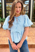 Textured Stripe Bow Front Puff Sleeve Babydoll Blouse