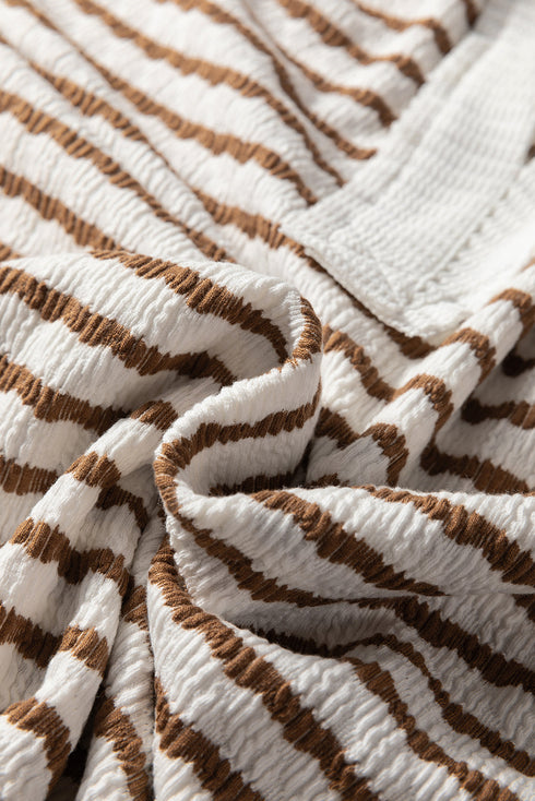 Textured Stripe Buttoned V Neck Hooded Long Sleeve Top