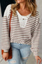 Textured Stripe Buttoned V Neck Hooded Long Sleeve Top