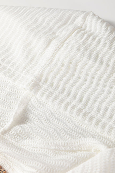Textured Stripe Buttoned V Neck Hooded Long Sleeve Top