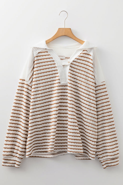 Textured Stripe Buttoned V Neck Hooded Long Sleeve Top
