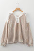 Textured Stripe Buttoned V Neck Hooded Long Sleeve Top